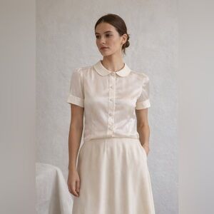 Banana Republic Ivory 100% Silk Peter Pan Collar Blouse Tailored Vintage Luxe S